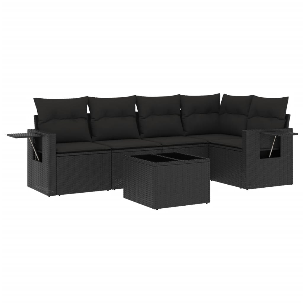 6-delige Loungeset met kussens poly rattan zwart