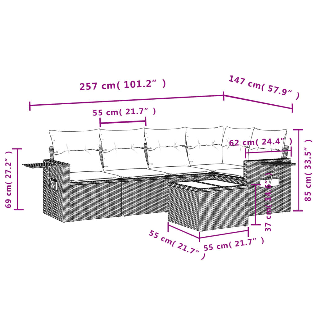 6-delige Loungeset met kussens poly rattan zwart