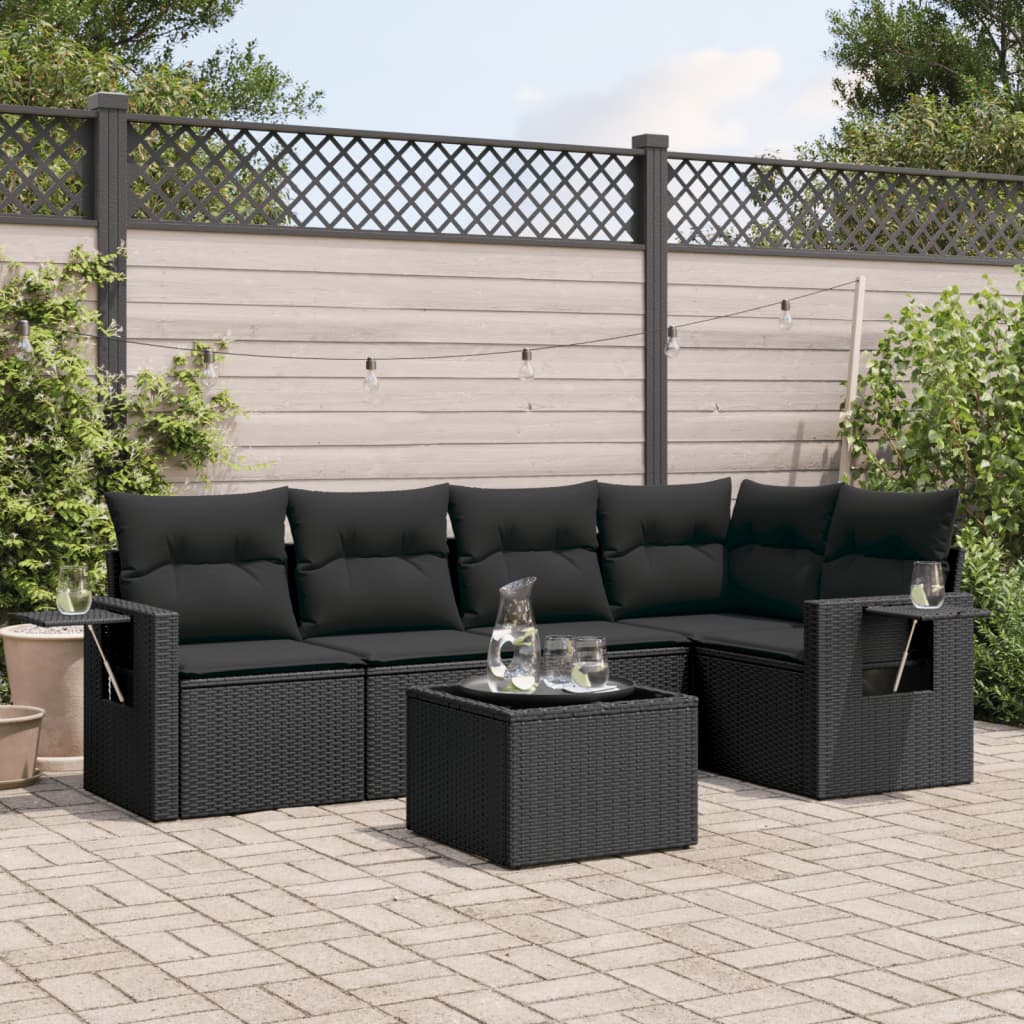 6-delige Loungeset met kussens poly rattan zwart