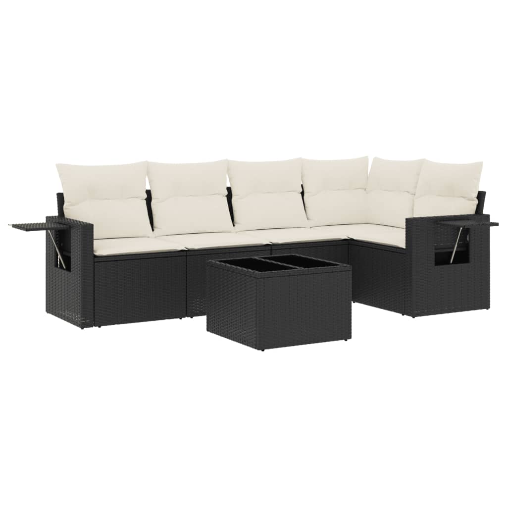 6-delige Loungeset met kussens poly rattan zwart