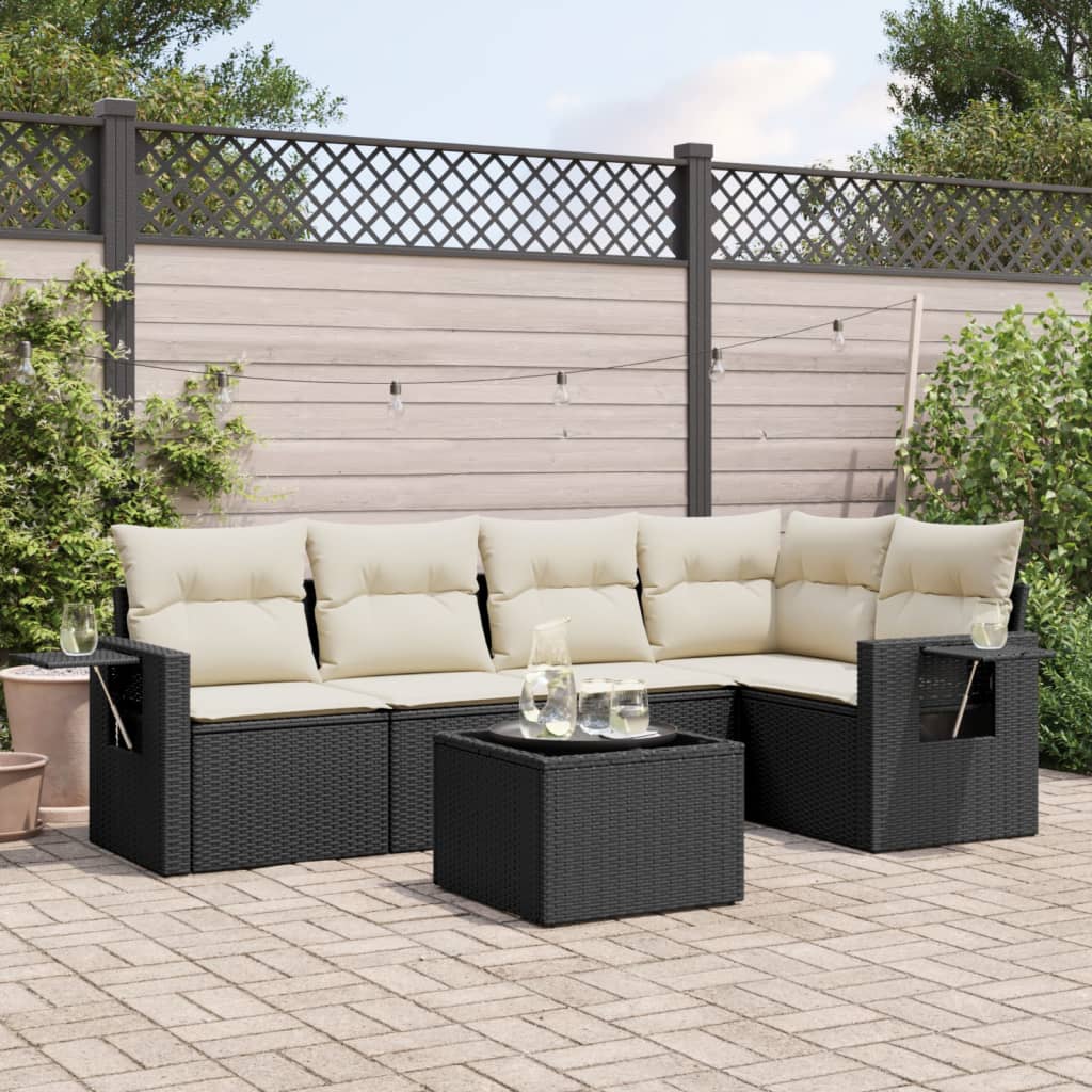 6-delige Loungeset met kussens poly rattan zwart