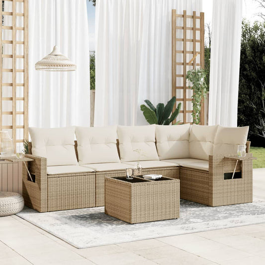 6-delige Loungeset met kussens poly rattan beige