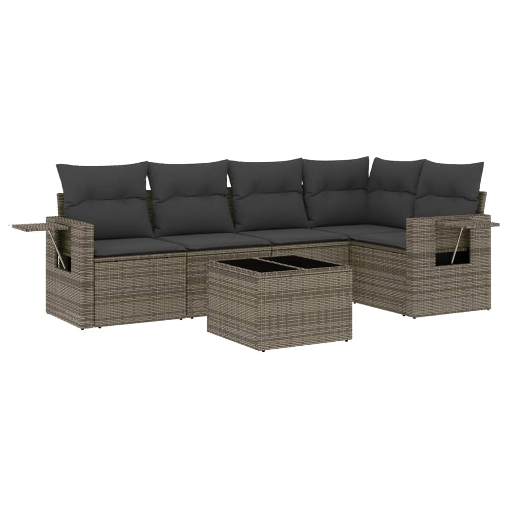 6-delige Loungeset met kussens poly rattan grijs