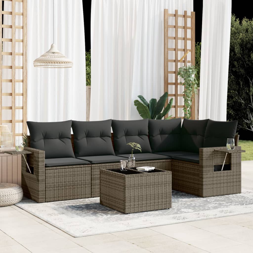 6-delige Loungeset met kussens poly rattan grijs