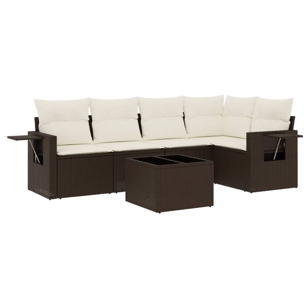 6-delige Loungeset met kussens poly rattan bruin