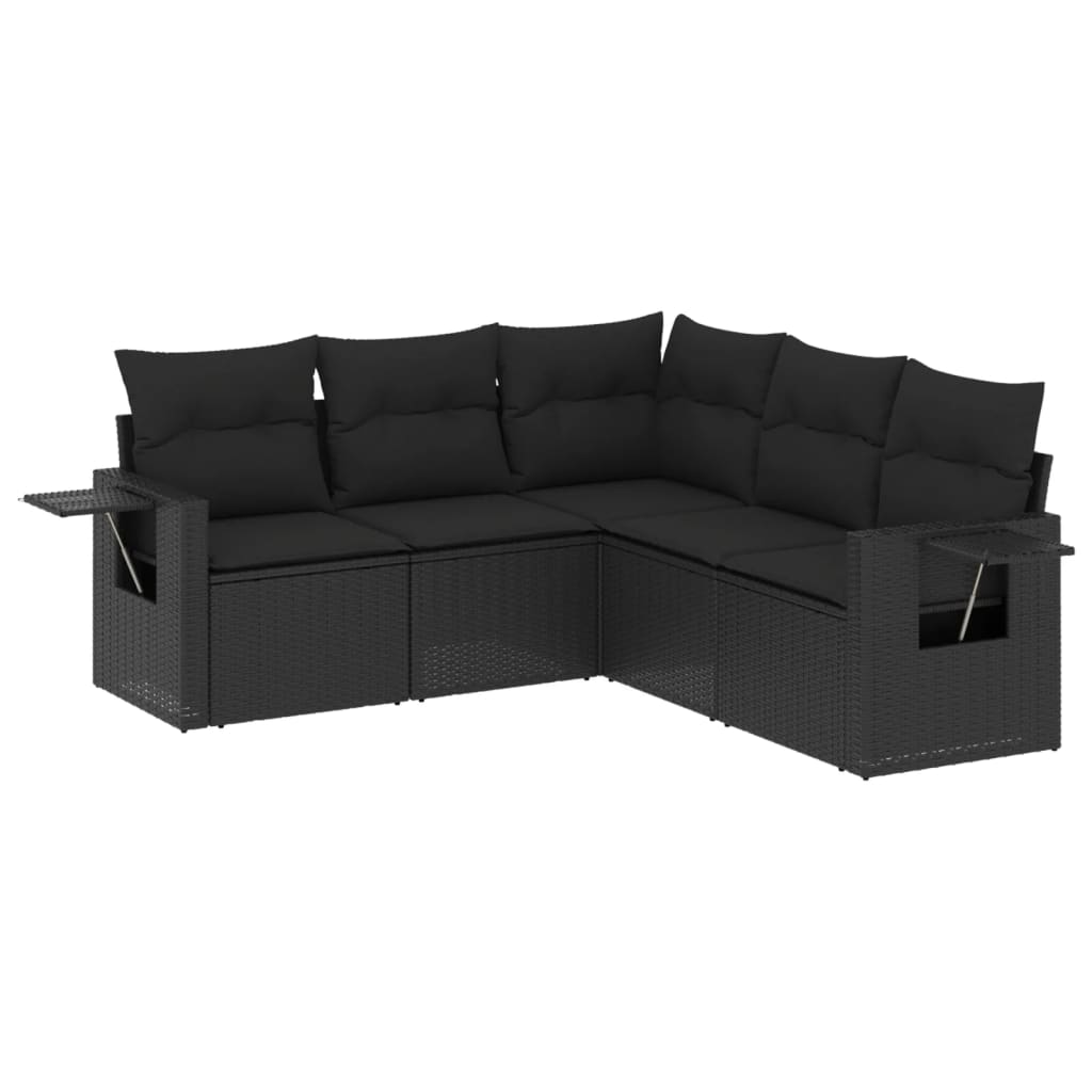 5-delige Loungeset met kussens poly rattan zwart