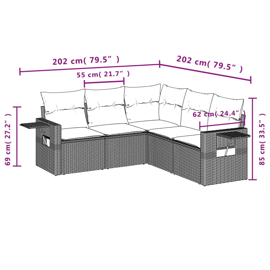 5-delige Loungeset met kussens poly rattan zwart