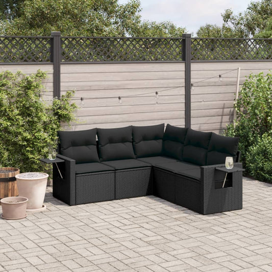 5-delige Loungeset met kussens poly rattan zwart