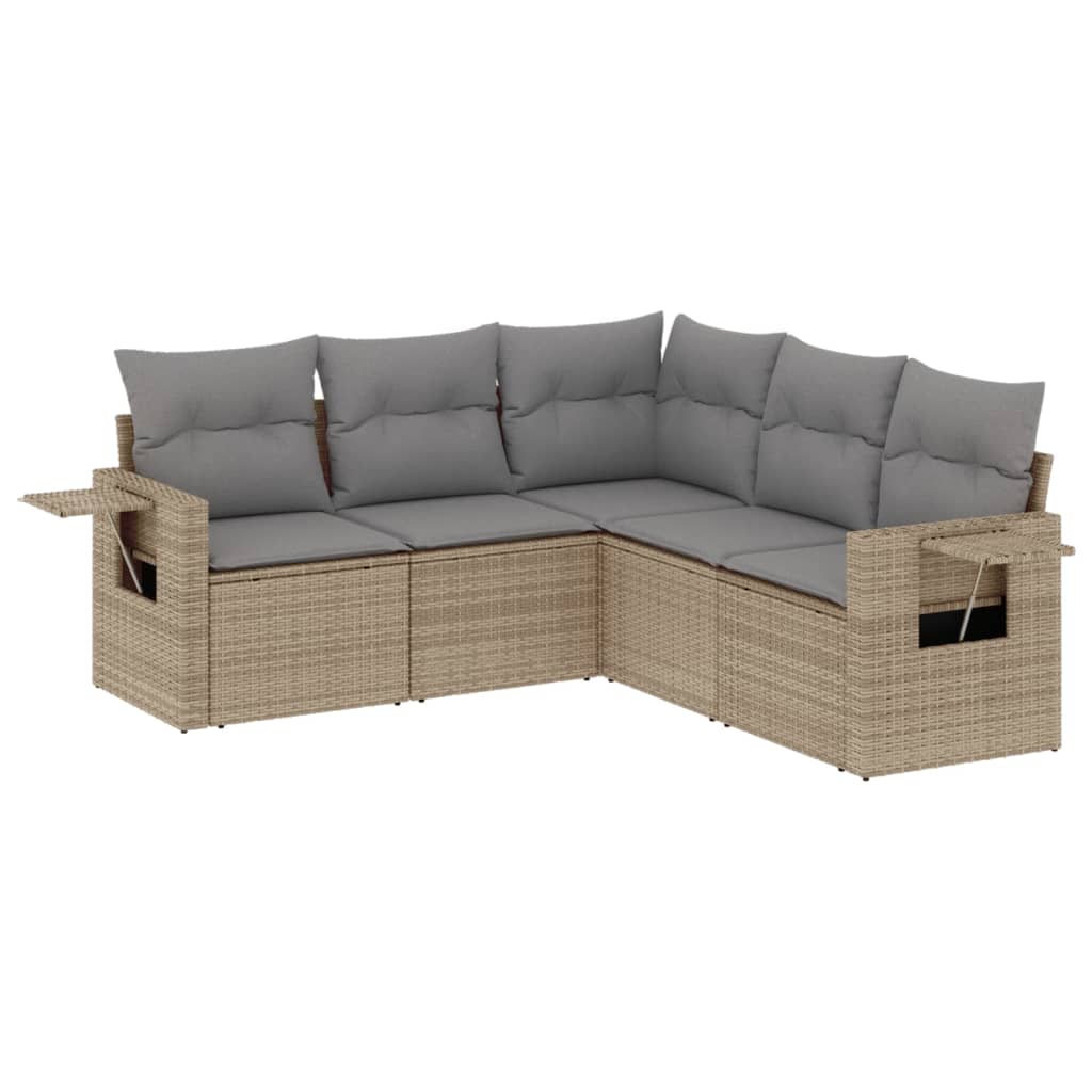 5-delige Loungeset met kussens poly rattan beige