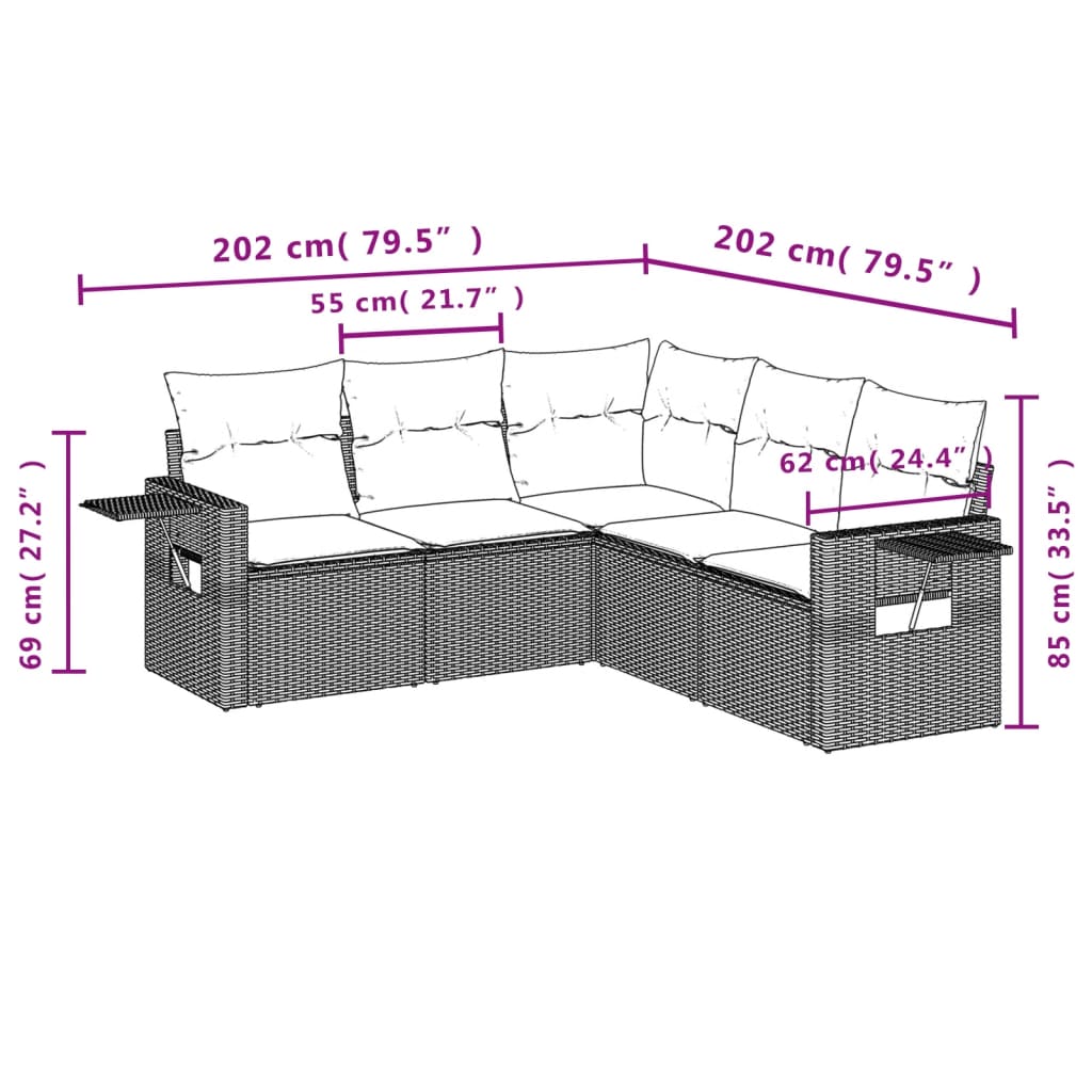 5-delige Loungeset met kussens poly rattan beige