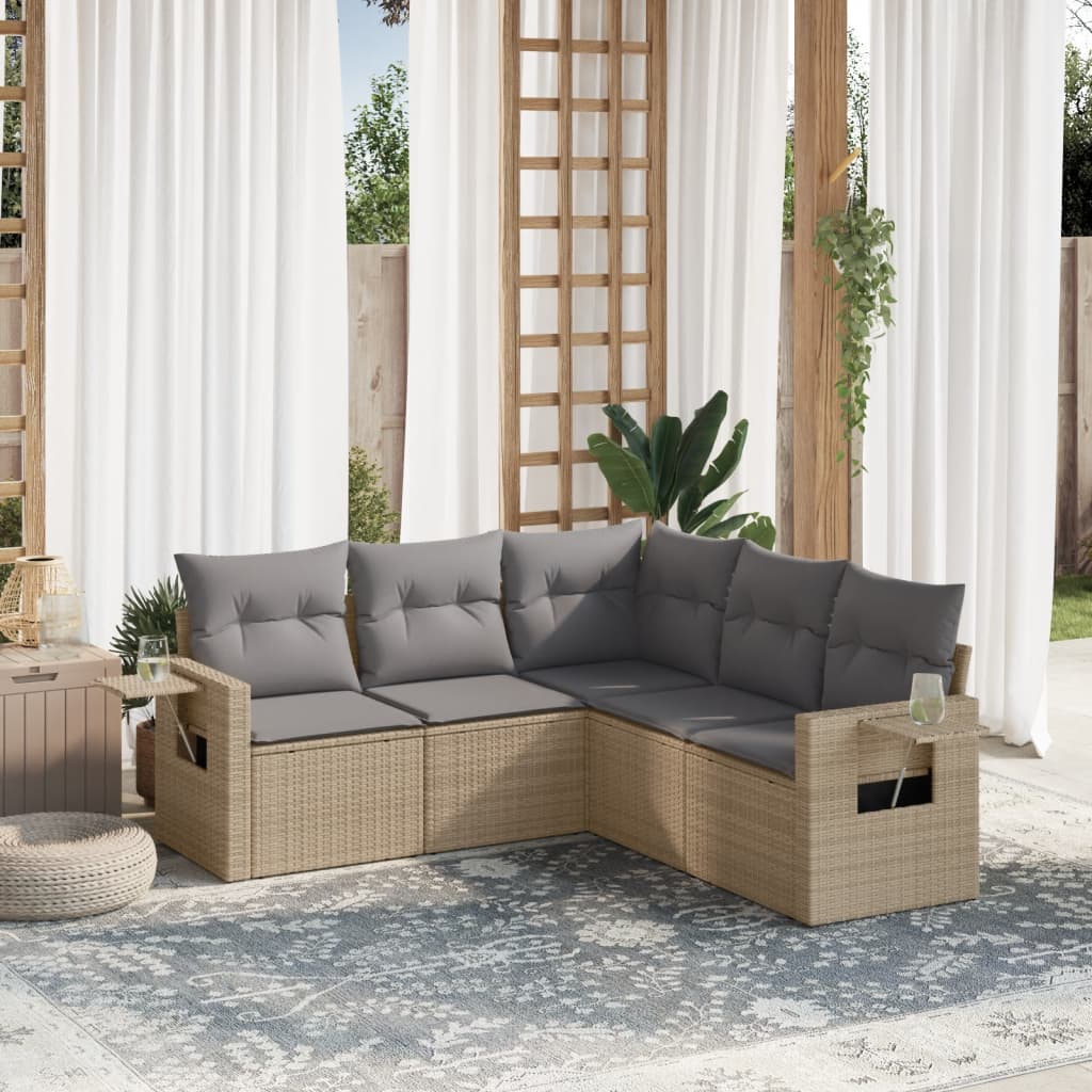 5-delige Loungeset met kussens poly rattan beige