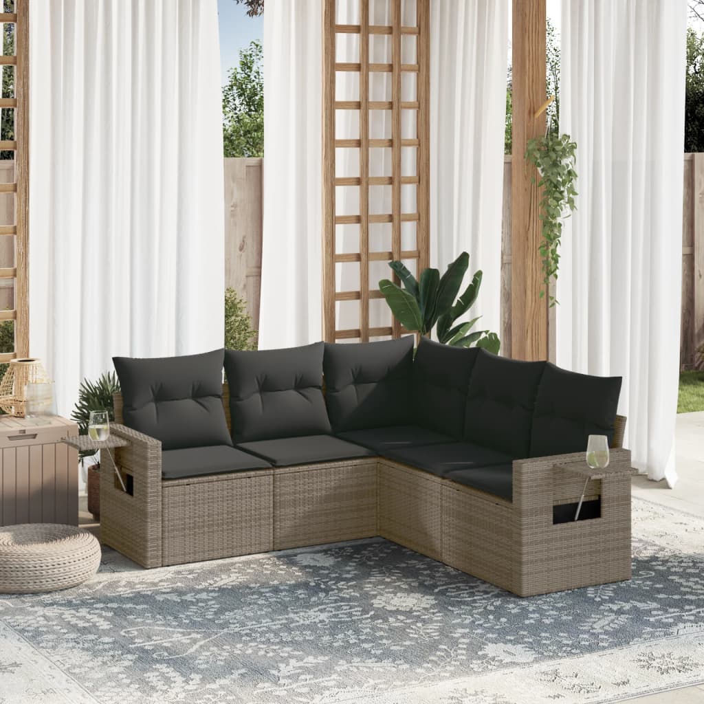 5-delige Loungeset met kussens poly rattan grijs