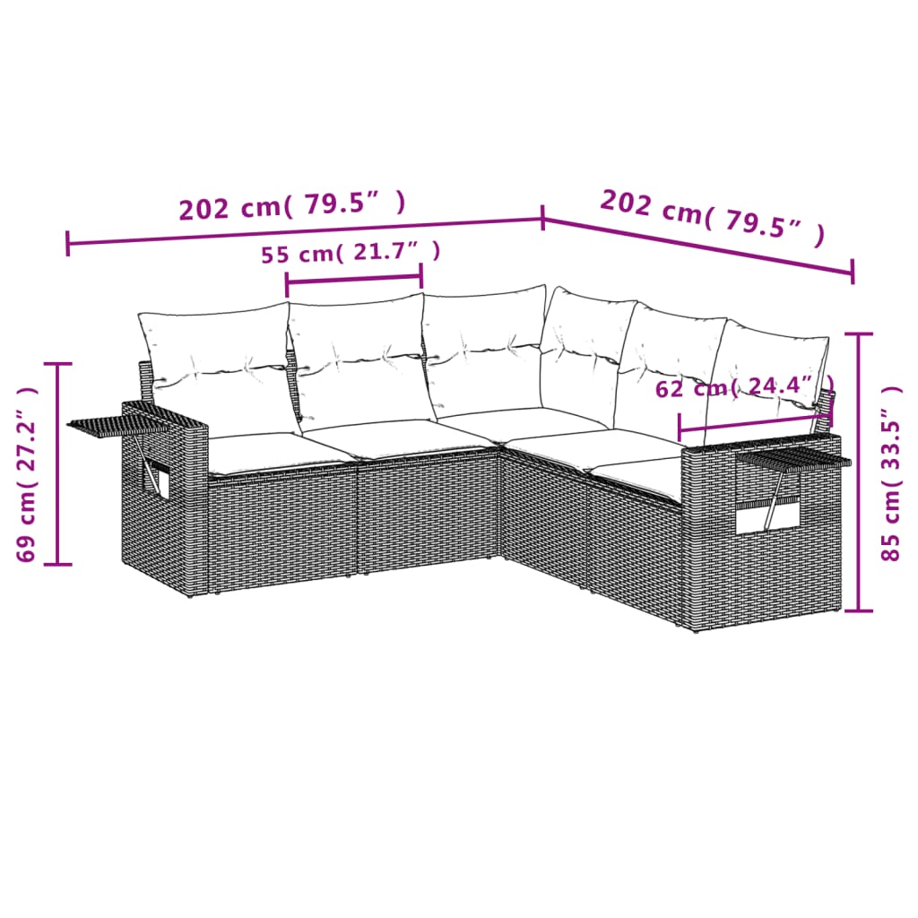 5-delige Loungeset met kussens poly rattan bruin