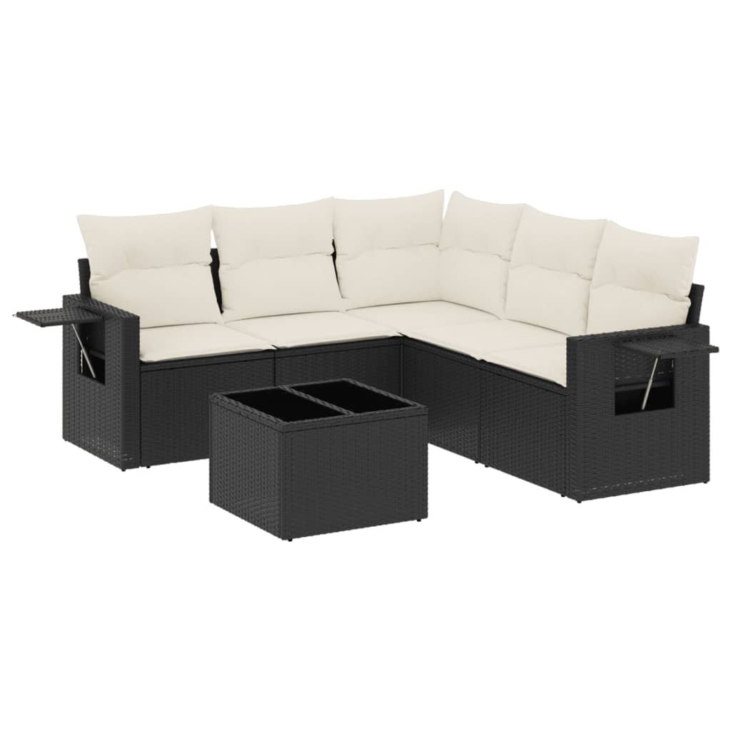 6-delige Loungeset met kussens poly rattan zwart