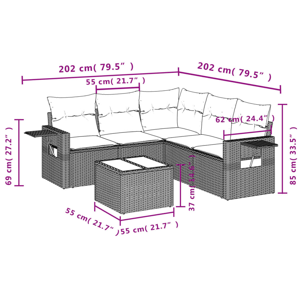 6-delige Loungeset met kussens poly rattan zwart