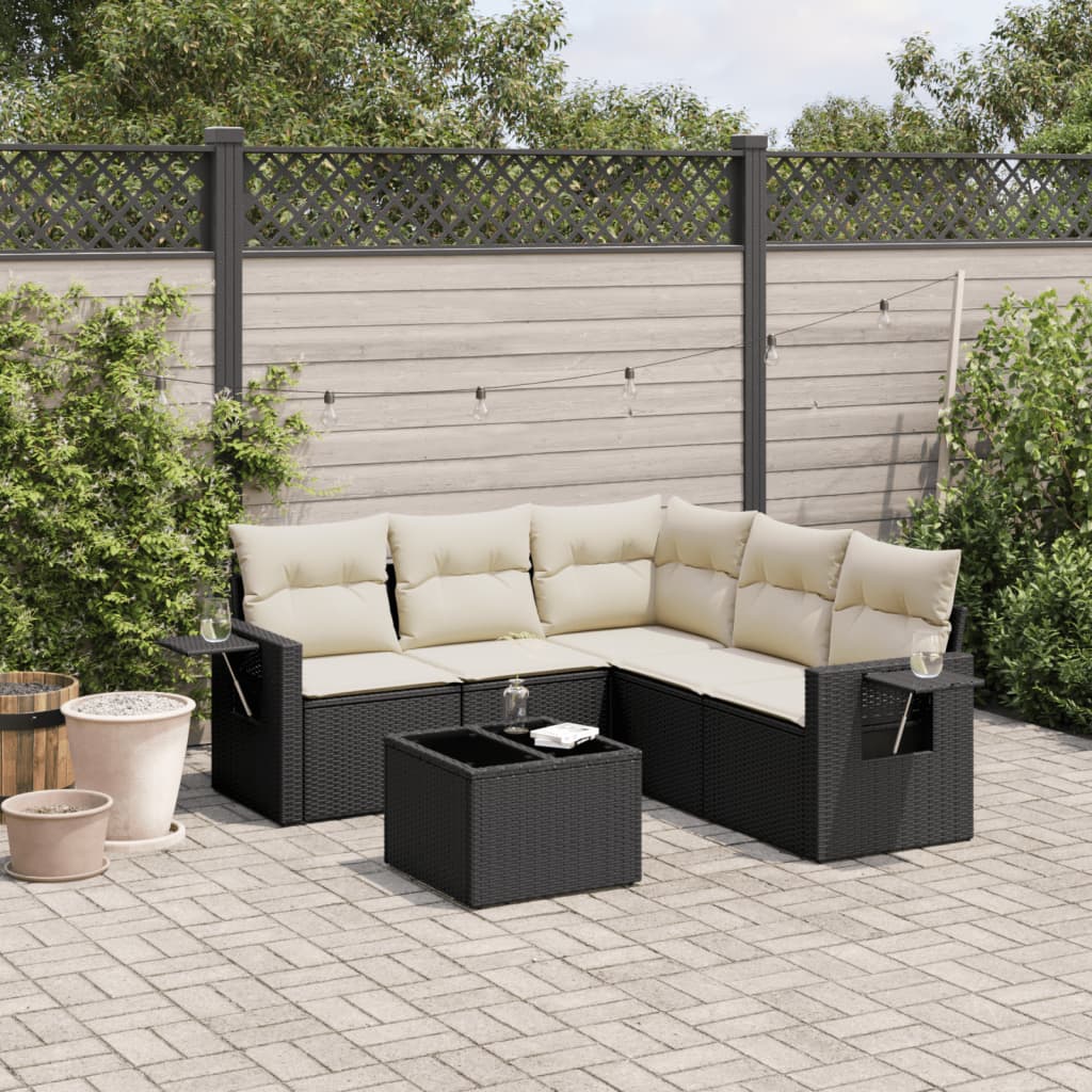 6-delige Loungeset met kussens poly rattan zwart