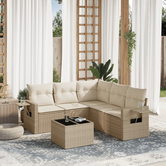 6-delige Loungeset met kussens poly rattan beige