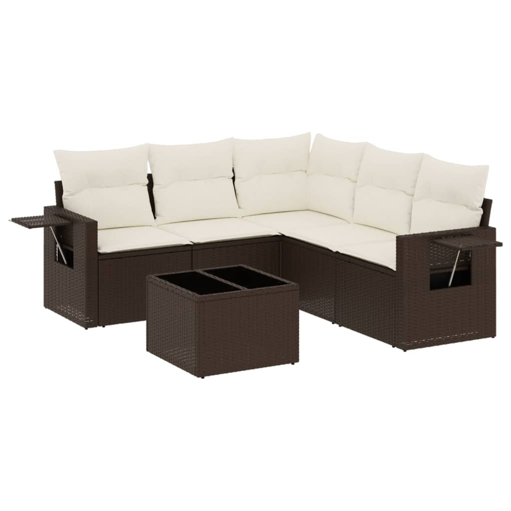 6-delige Loungeset met kussens poly rattan bruin