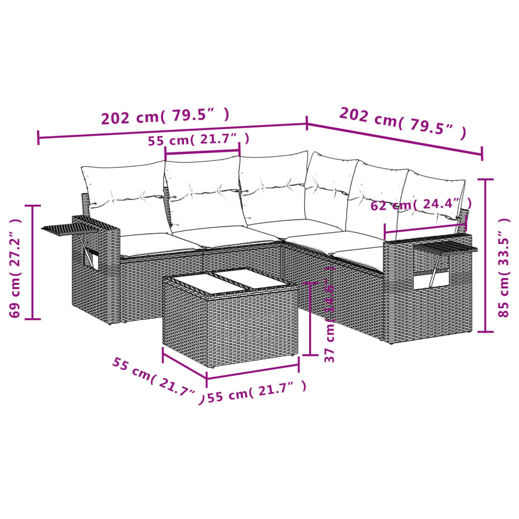 6-delige Loungeset met kussens poly rattan bruin