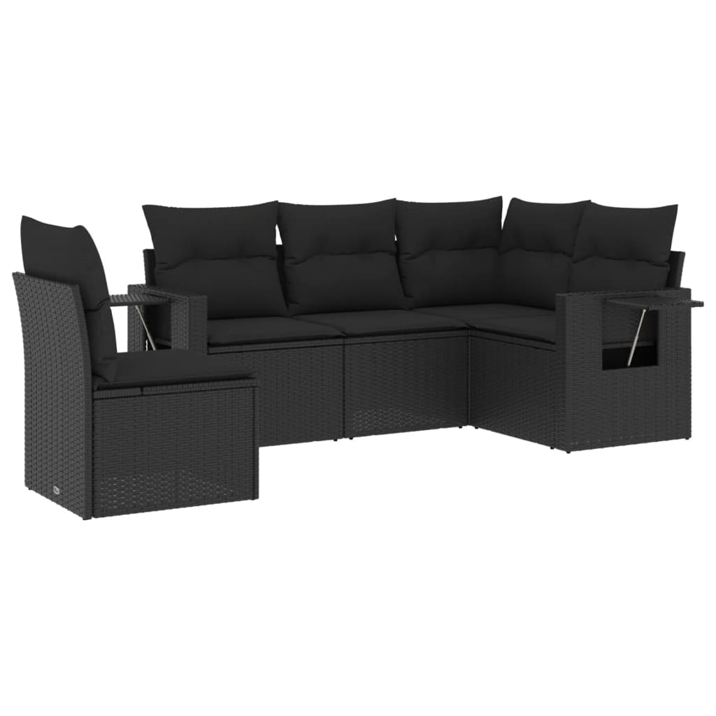 5-delige Loungeset met kussens poly rattan zwart