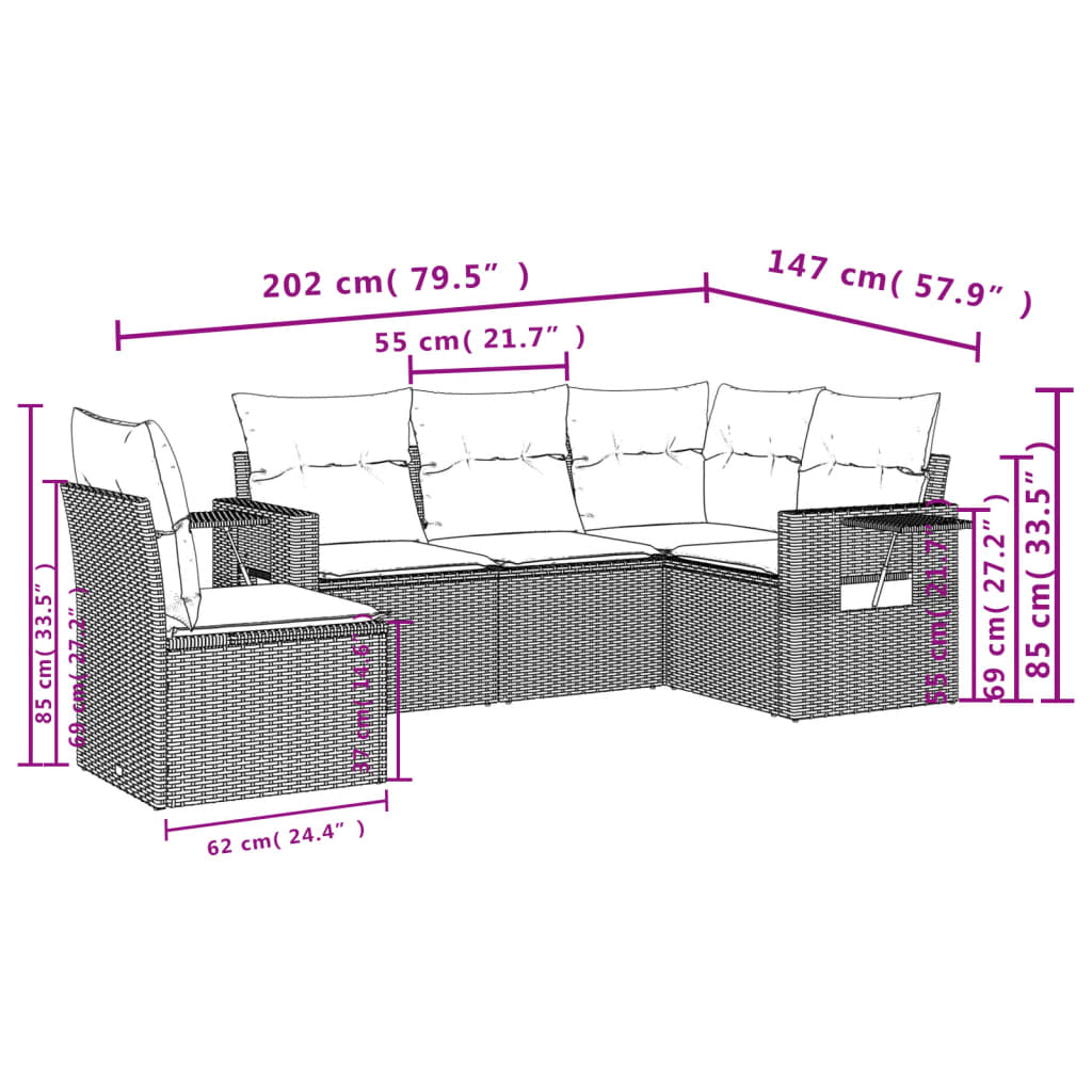 5-delige Loungeset met kussens poly rattan zwart