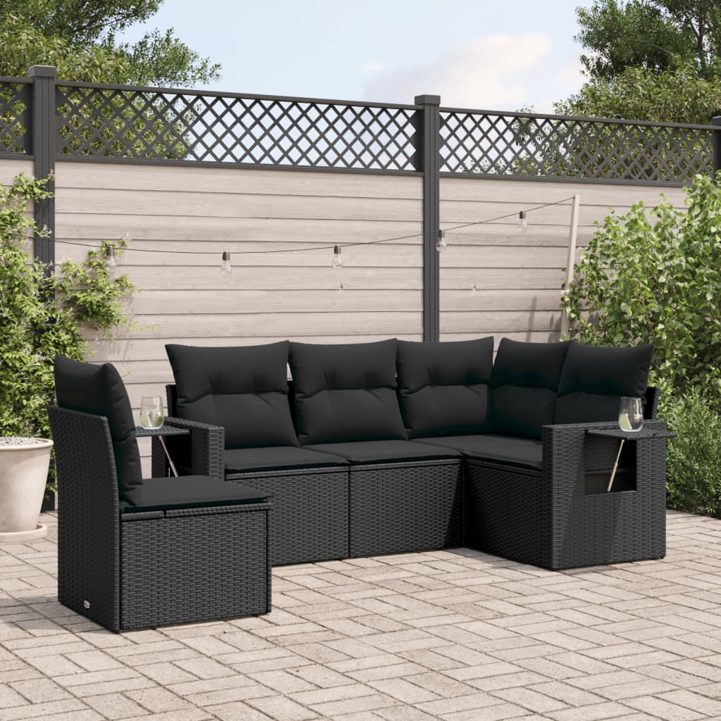 5-delige Loungeset met kussens poly rattan zwart