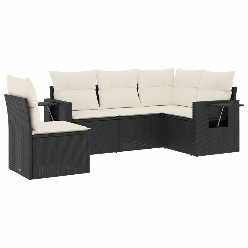 5-delige Loungeset met kussens poly rattan zwart