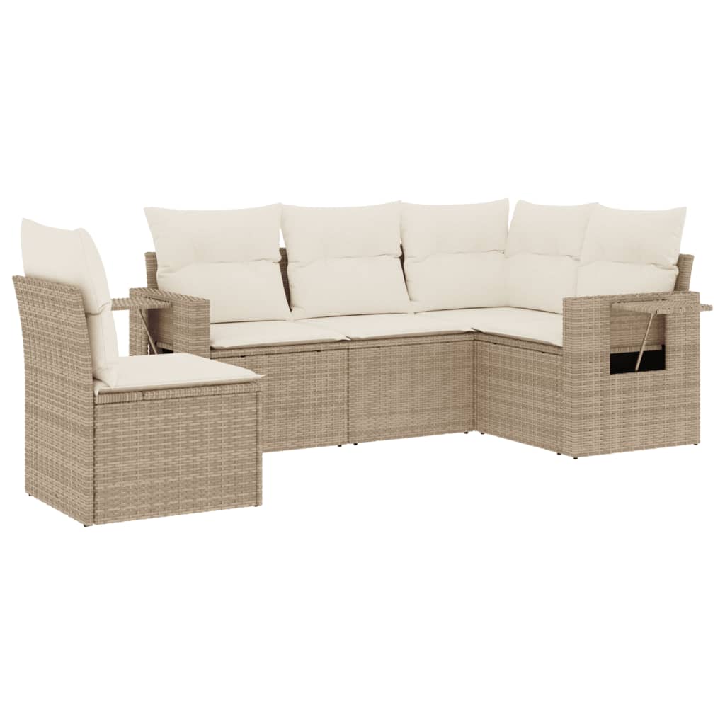 5-delige Loungeset met kussens poly rattan beige