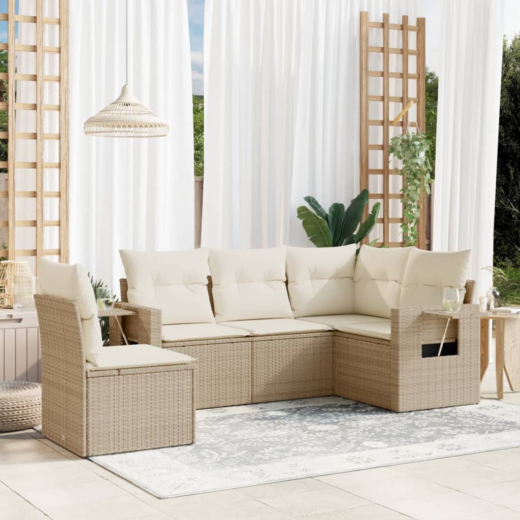 5-delige Loungeset met kussens poly rattan beige