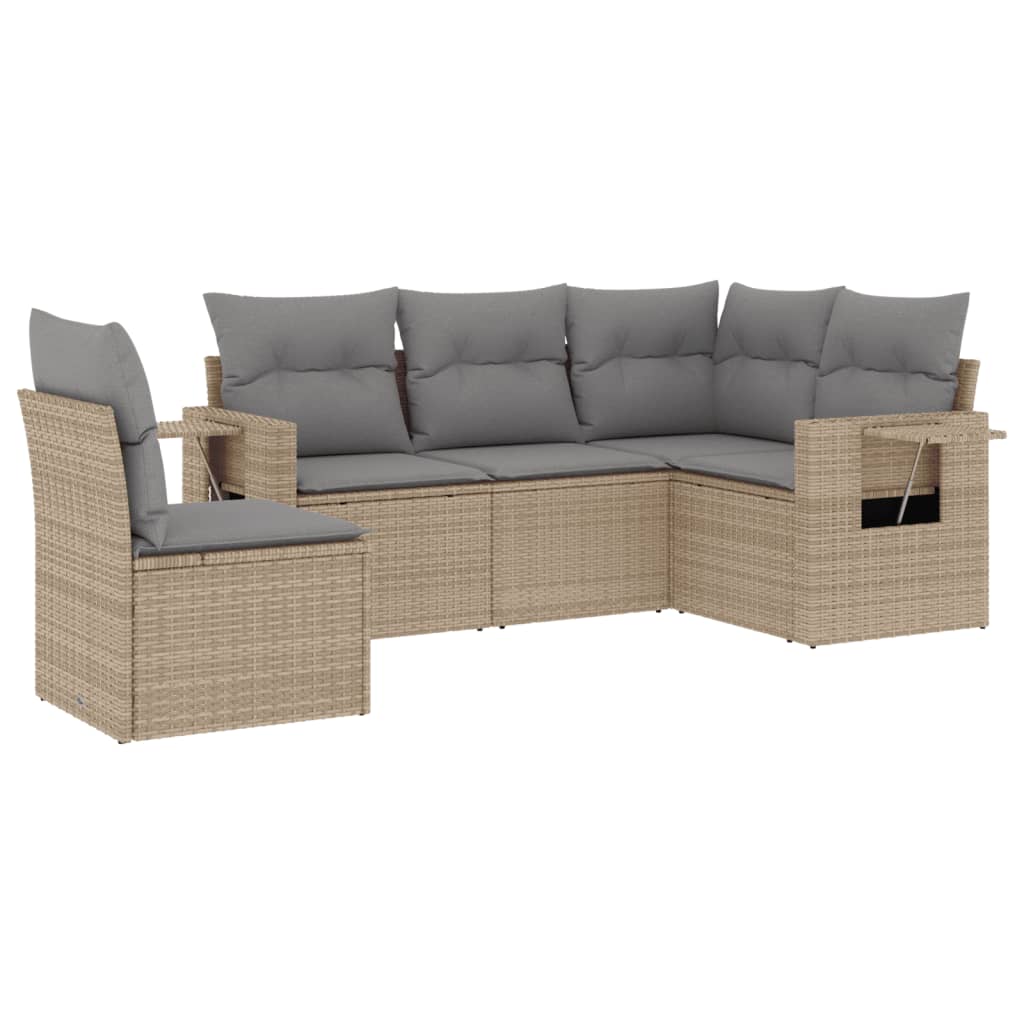 5-delige Loungeset met kussens poly rattan beige