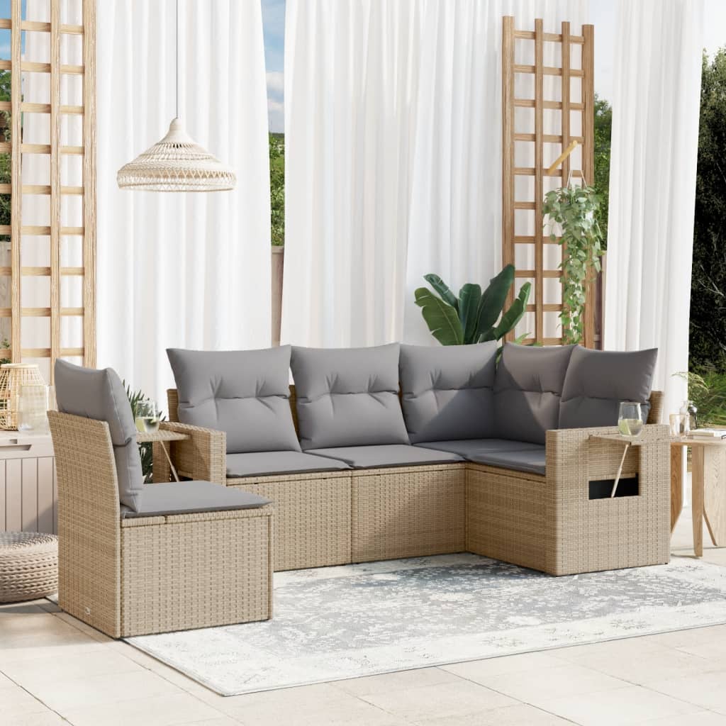 5-delige Loungeset met kussens poly rattan beige