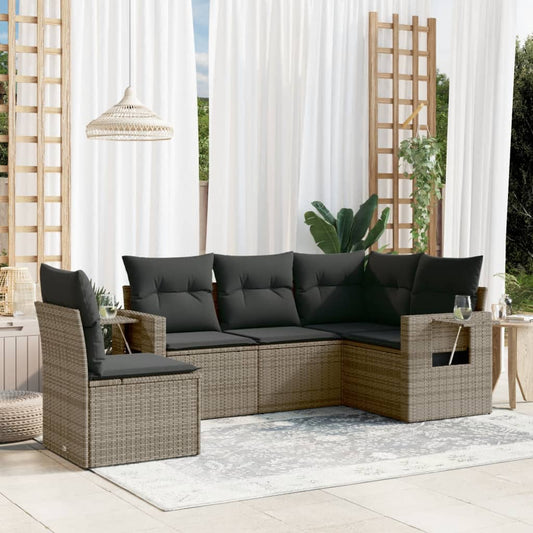 5-delige Loungeset met kussens poly rattan grijs