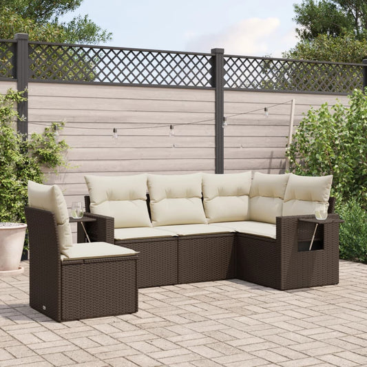 5-delige Loungeset met kussens poly rattan bruin