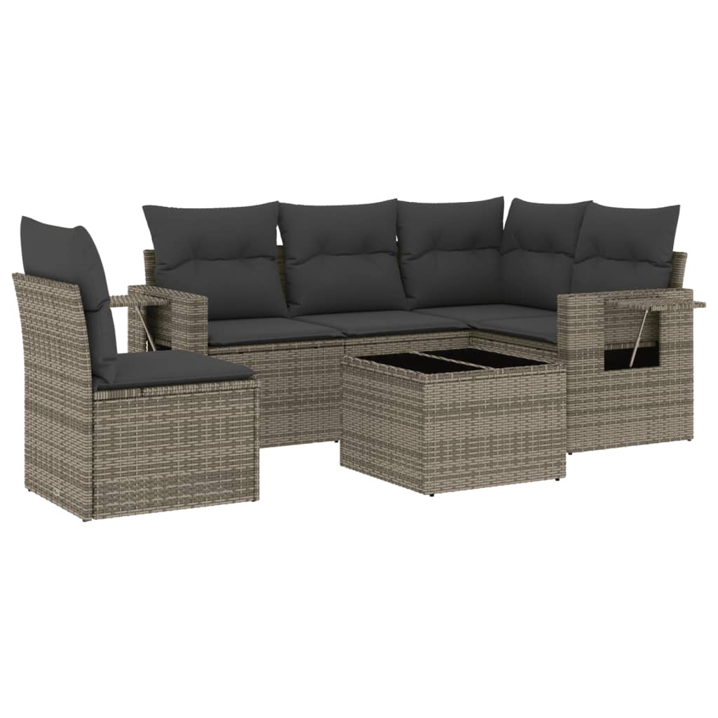 6-delige Loungeset met kussens poly rattan grijs