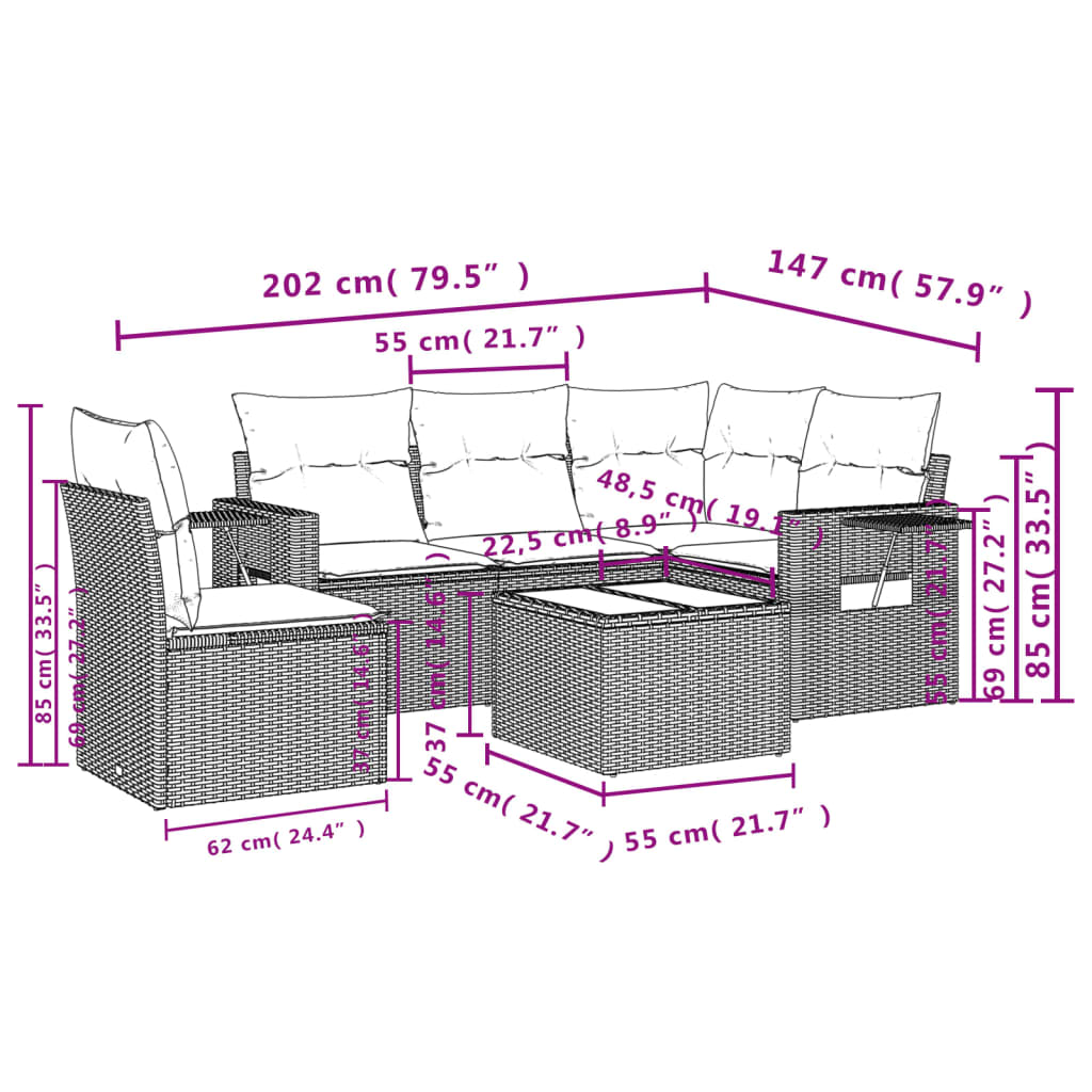 6-delige Loungeset met kussens poly rattan grijs