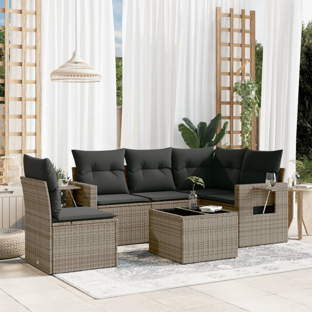 6-delige Loungeset met kussens poly rattan grijs