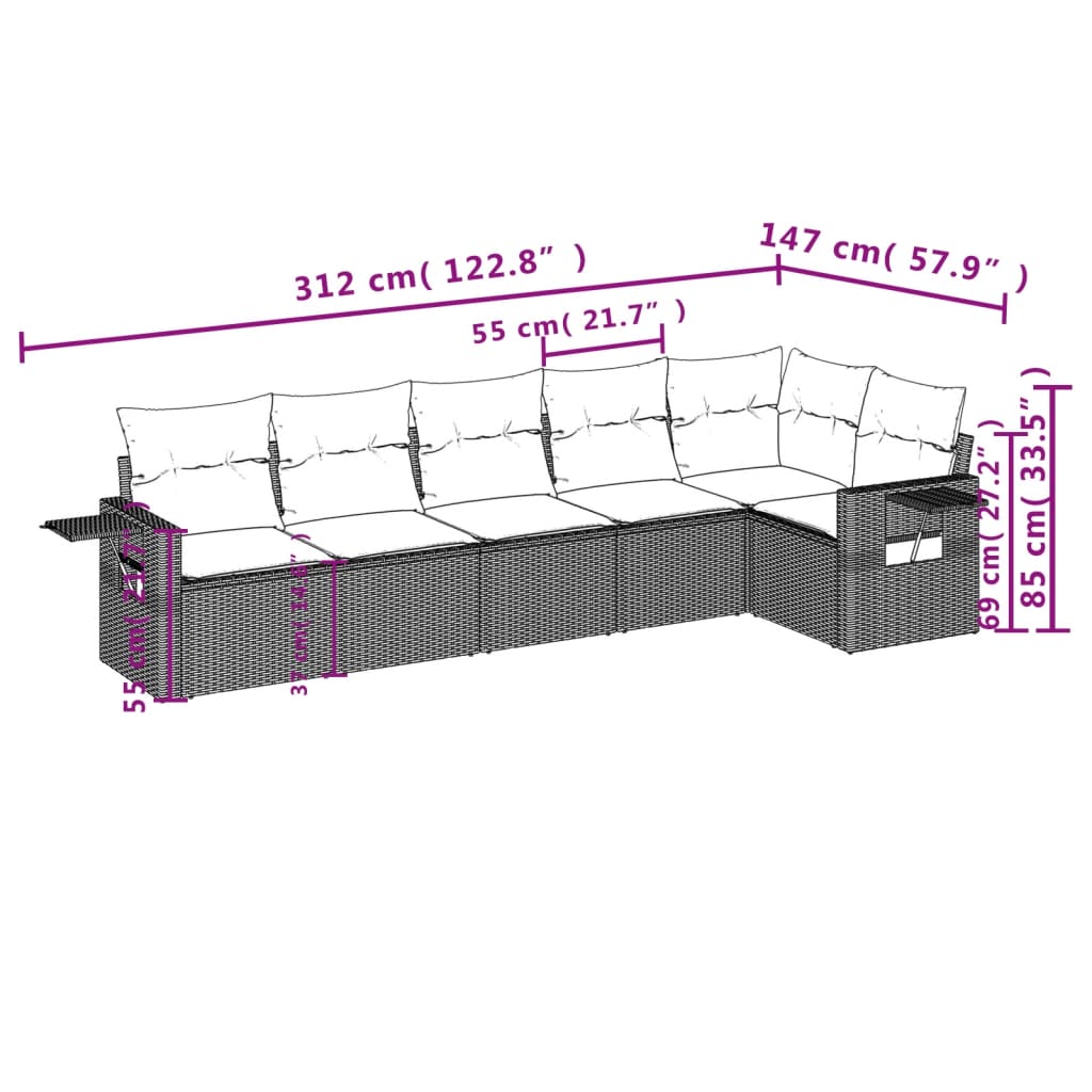 6-delige Loungeset met kussens poly rattan beige