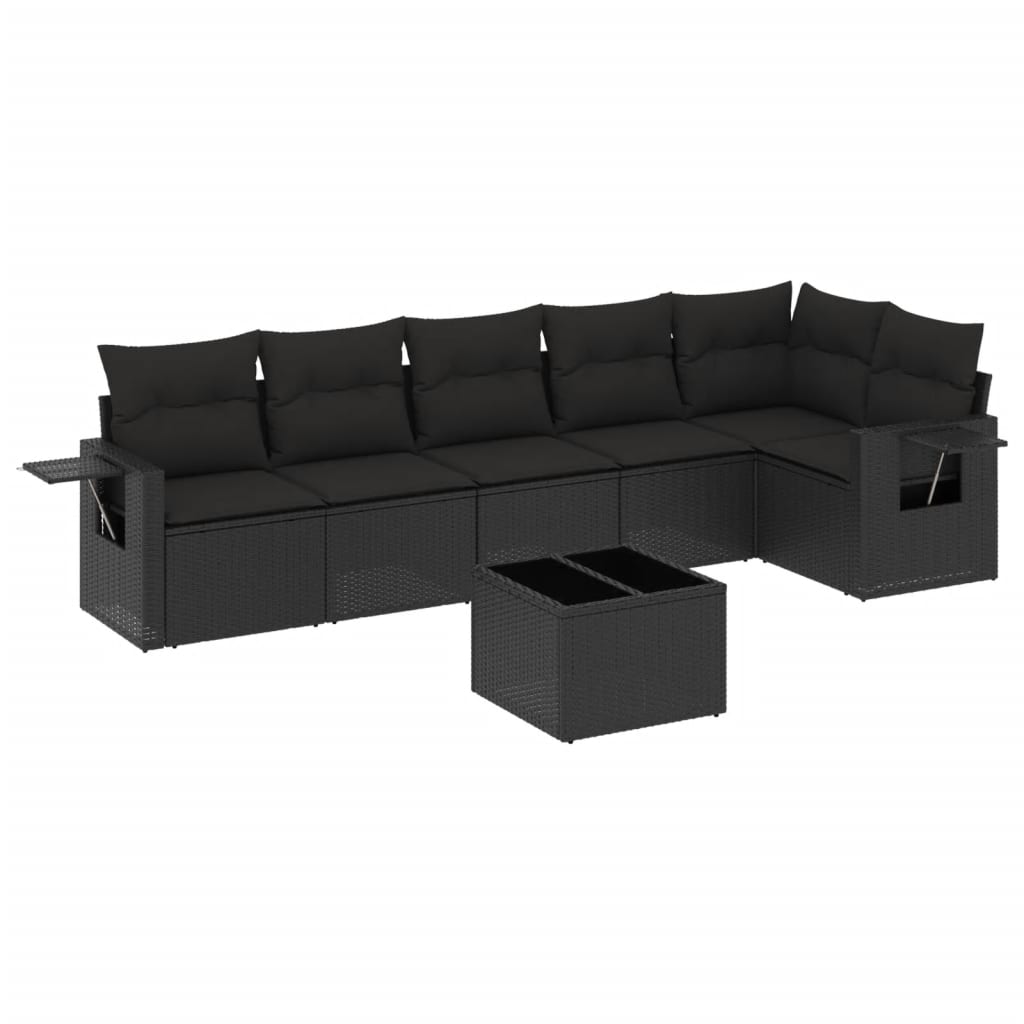 7-delige Loungeset met kussens poly rattan zwart