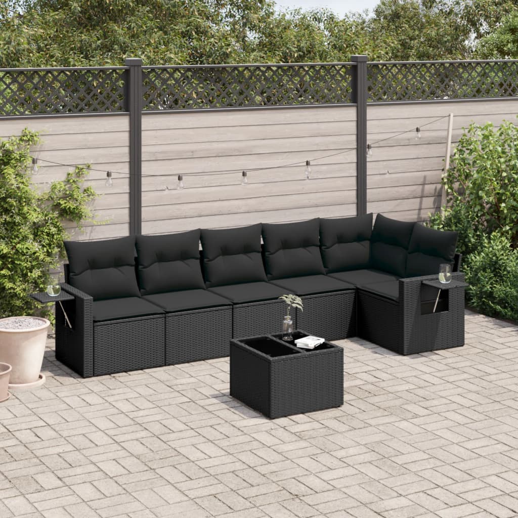 7-delige Loungeset met kussens poly rattan zwart