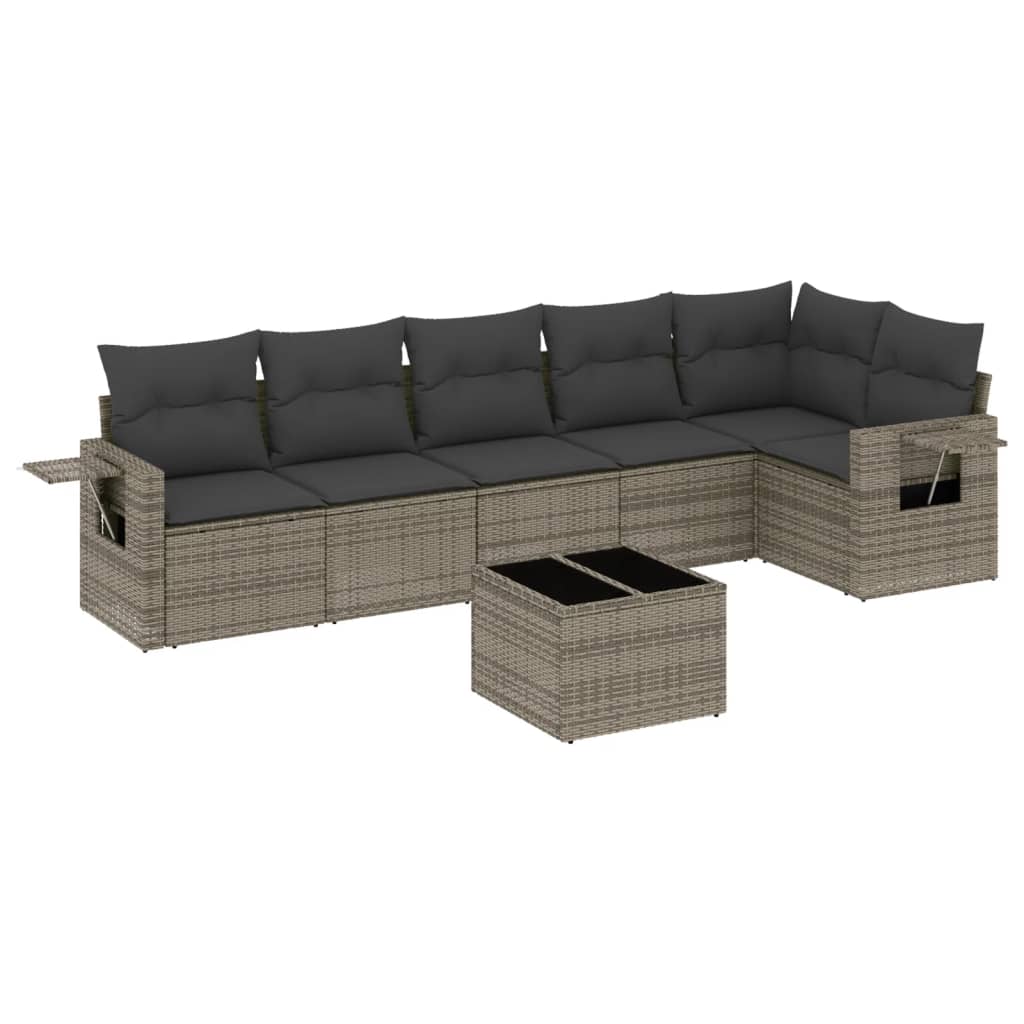 7-delige Loungeset met kussens poly rattan grijs