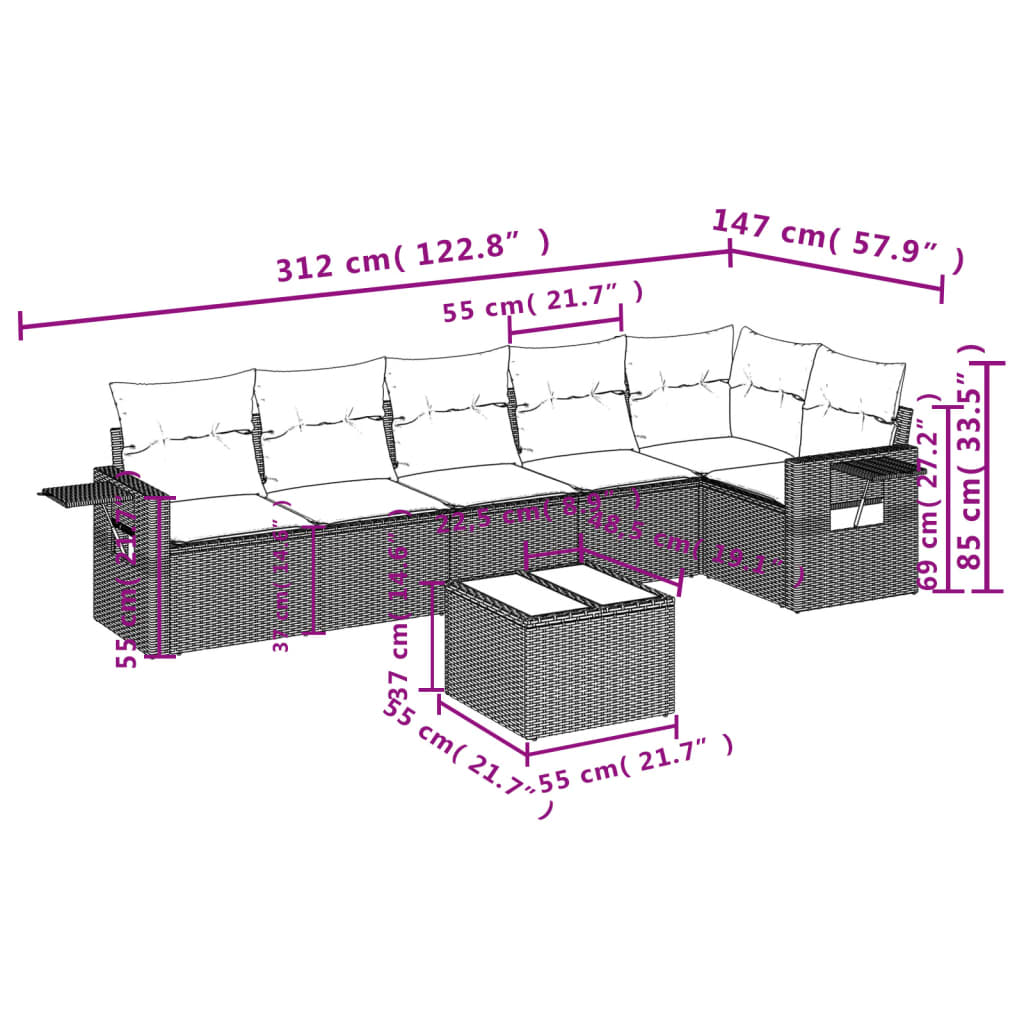 7-delige Loungeset met kussens poly rattan grijs