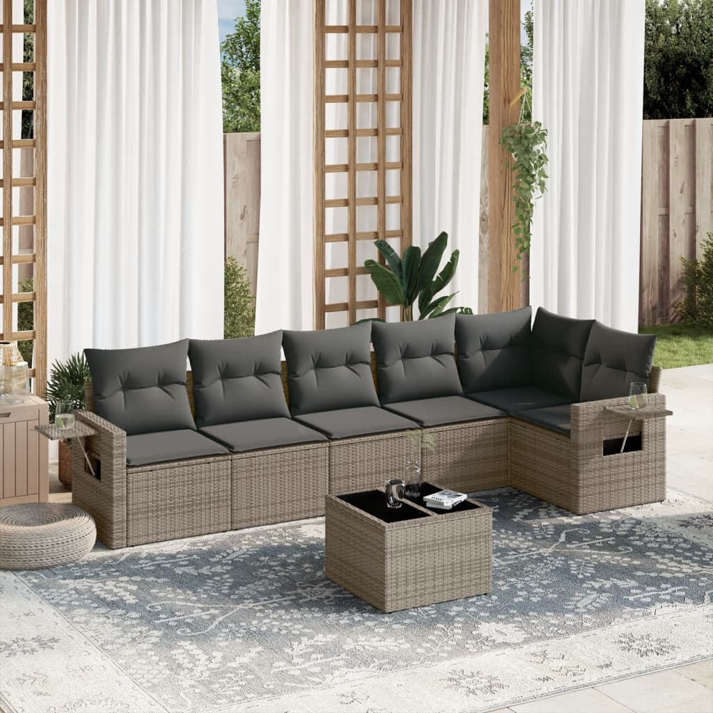 7-delige Loungeset met kussens poly rattan grijs