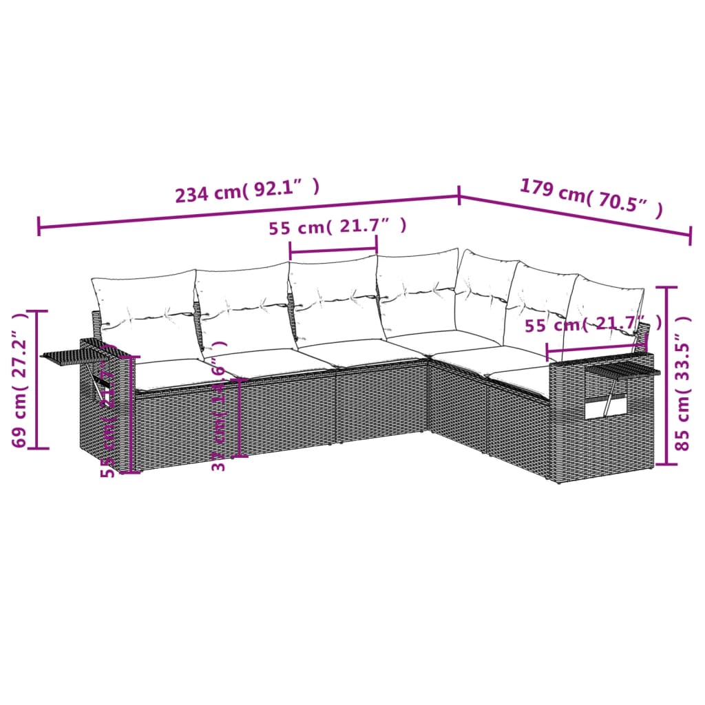 7-delige Loungeset met kussens poly rattan bruin