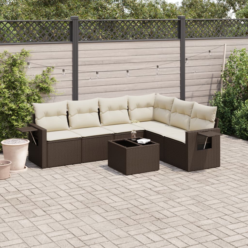 7-delige Loungeset met kussens poly rattan bruin