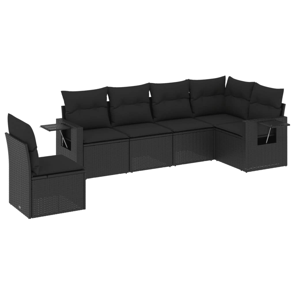 6-delige Loungeset met kussens poly rattan zwart