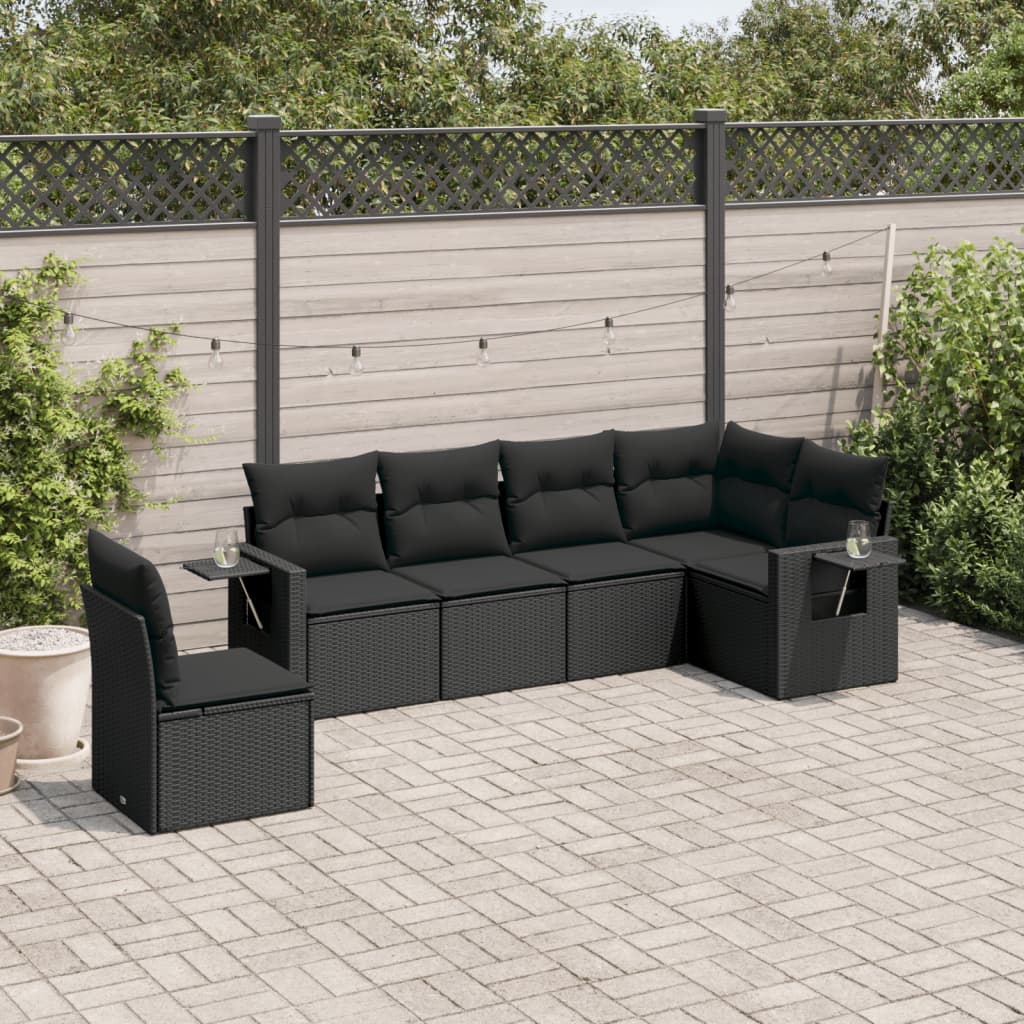 6-delige Loungeset met kussens poly rattan zwart