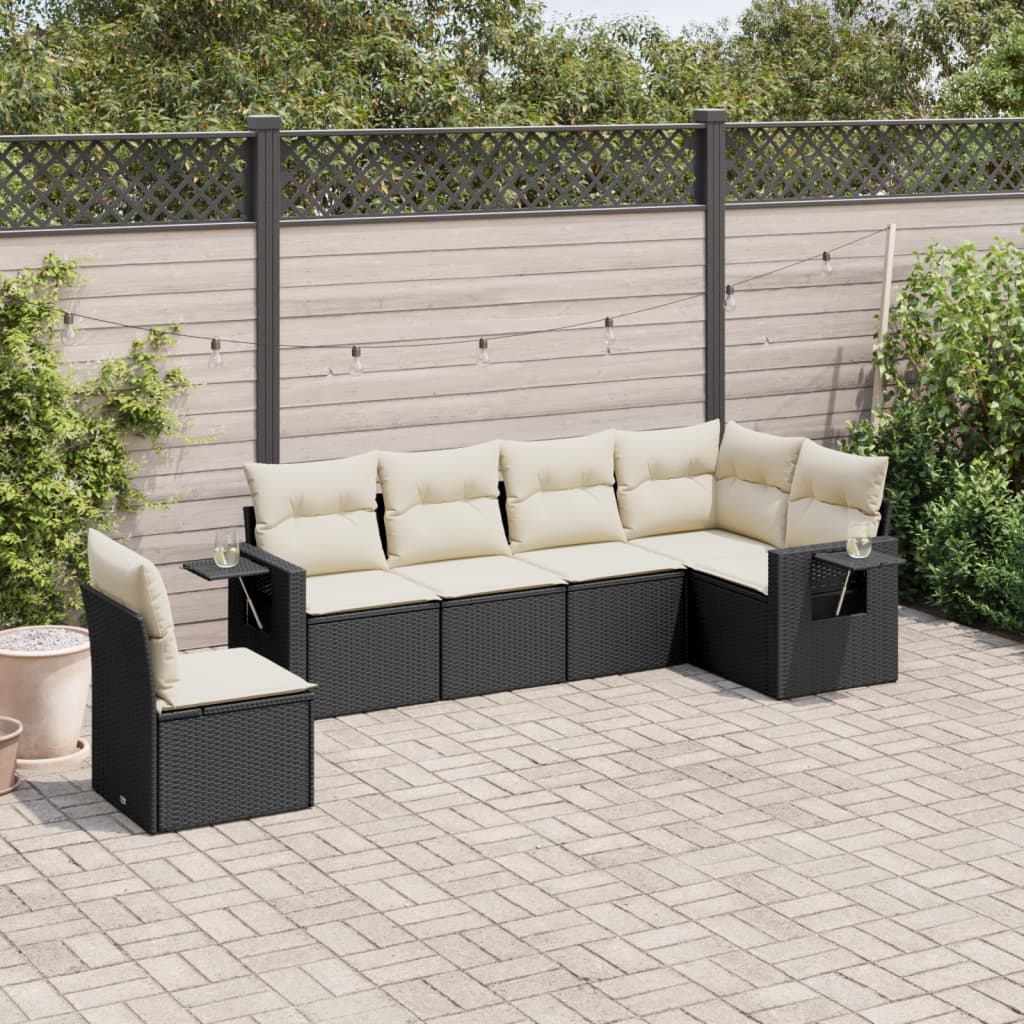 6-delige Loungeset met kussens poly rattan zwart