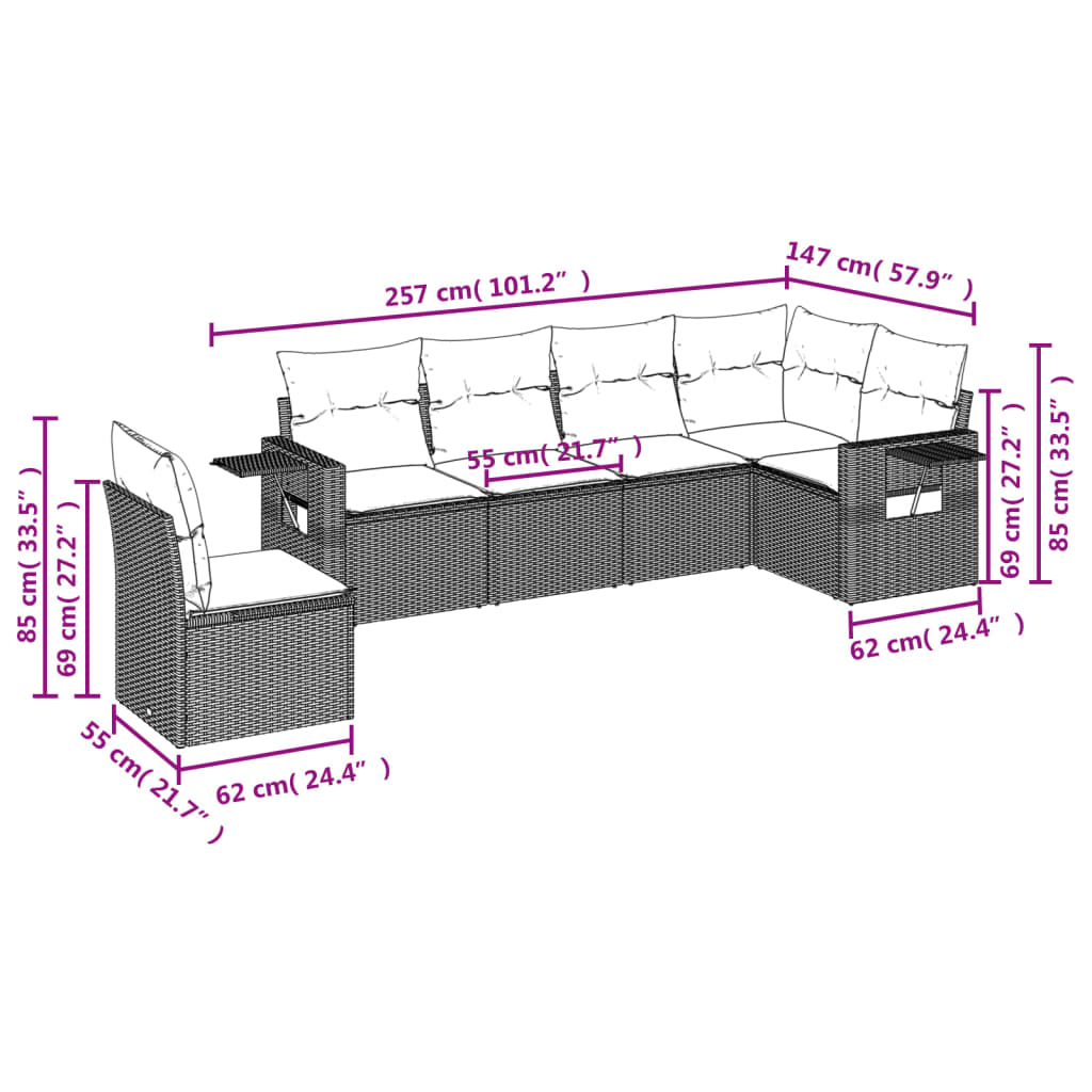 6-delige Loungeset met kussens poly rattan lichtgrijs