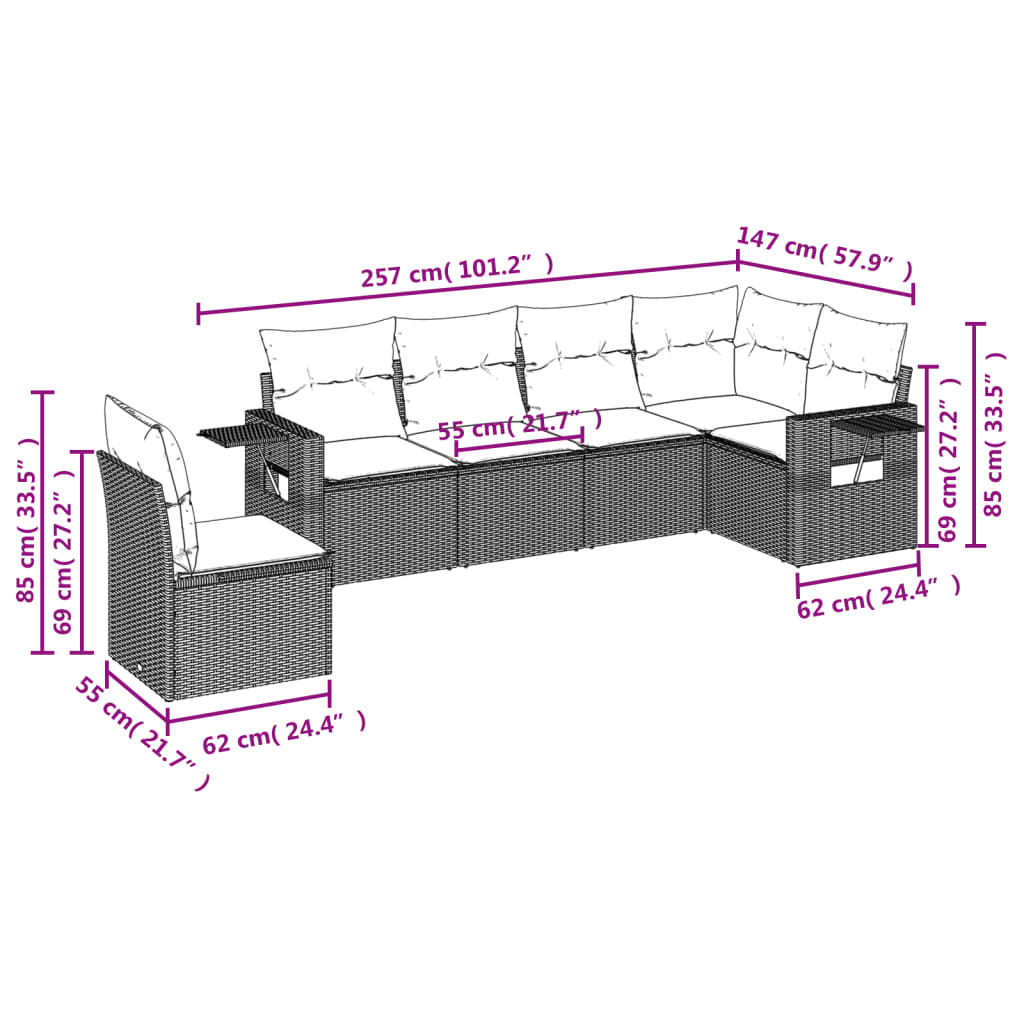 6-delige Loungeset met kussens poly rattan bruin