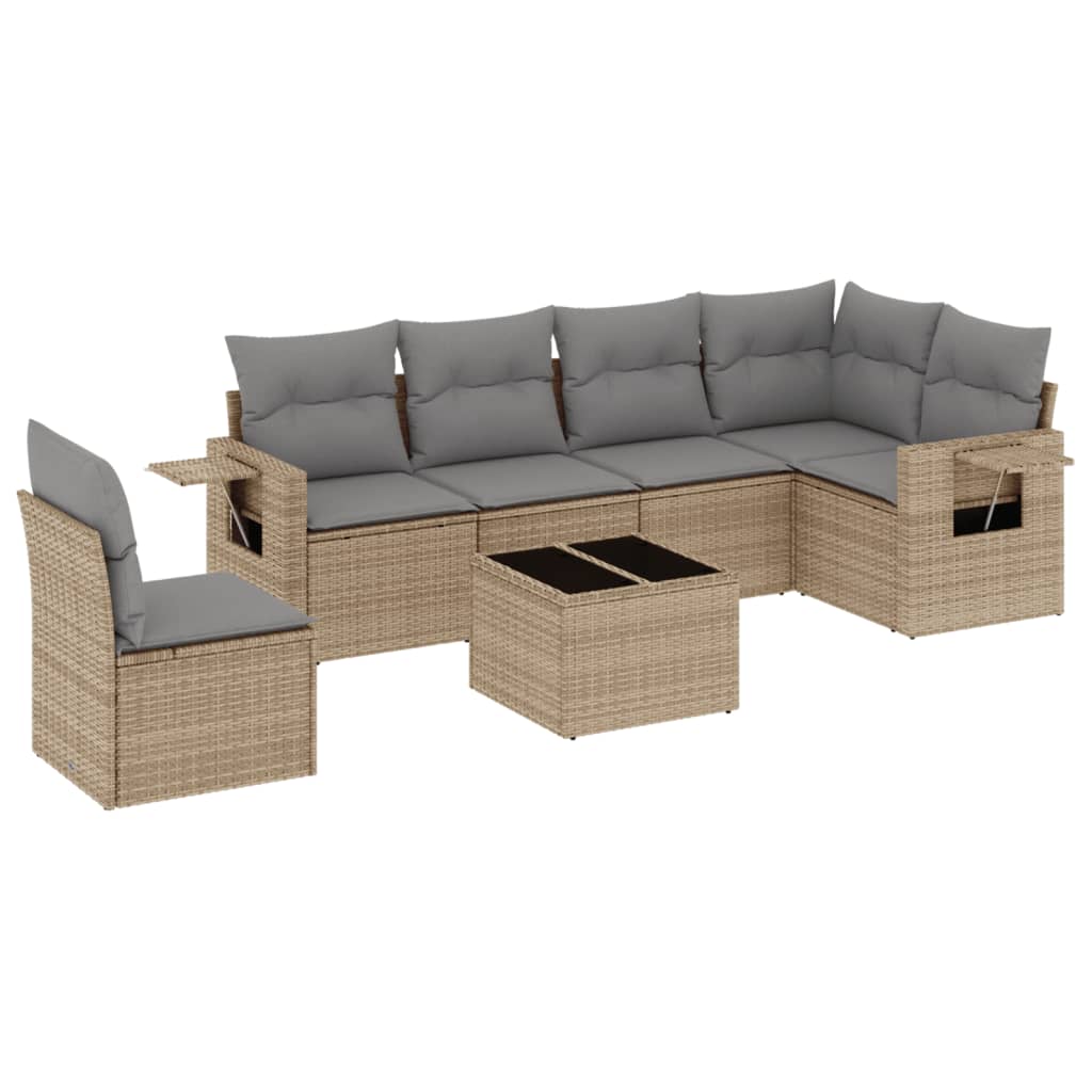 7-delige Loungeset met kussens poly rattan beige